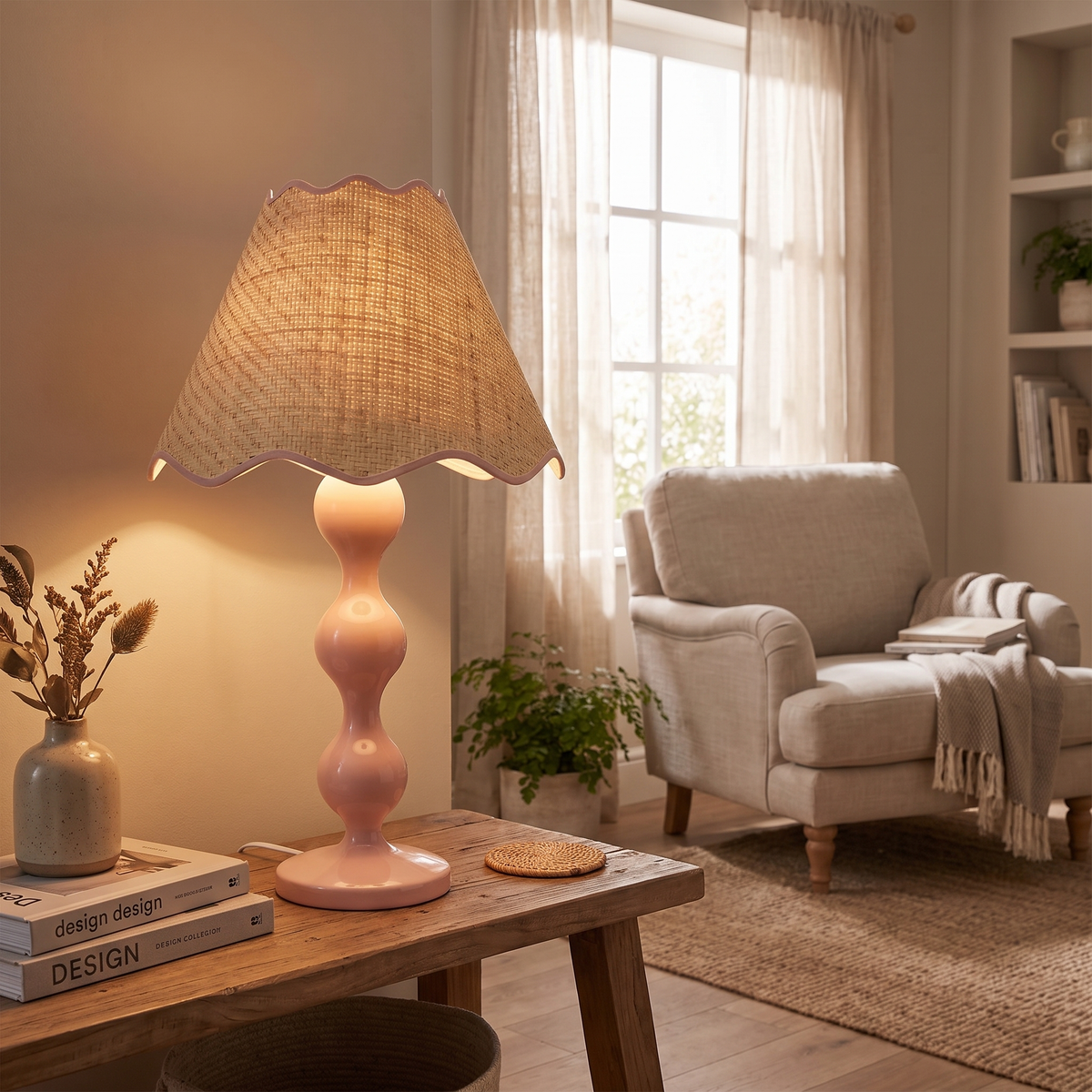 Evie Raffia Scalloped Table Lamp – Blush – shown in a room for scale