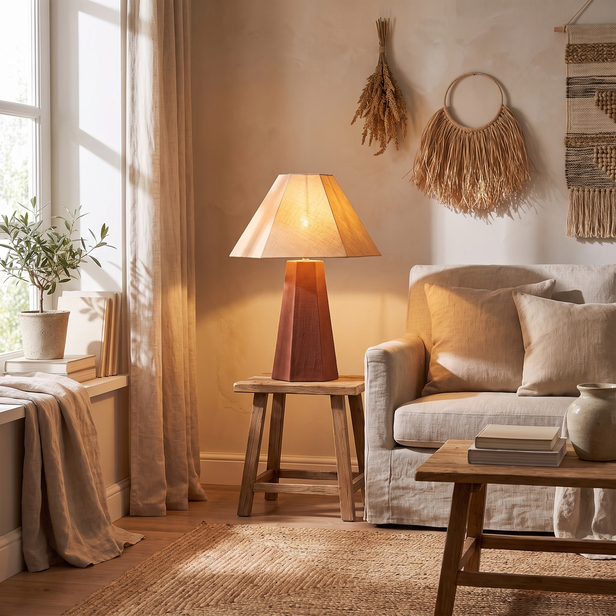 Blake Hexagonal Linen Table Lamp – Toffee – shown in a room for scale