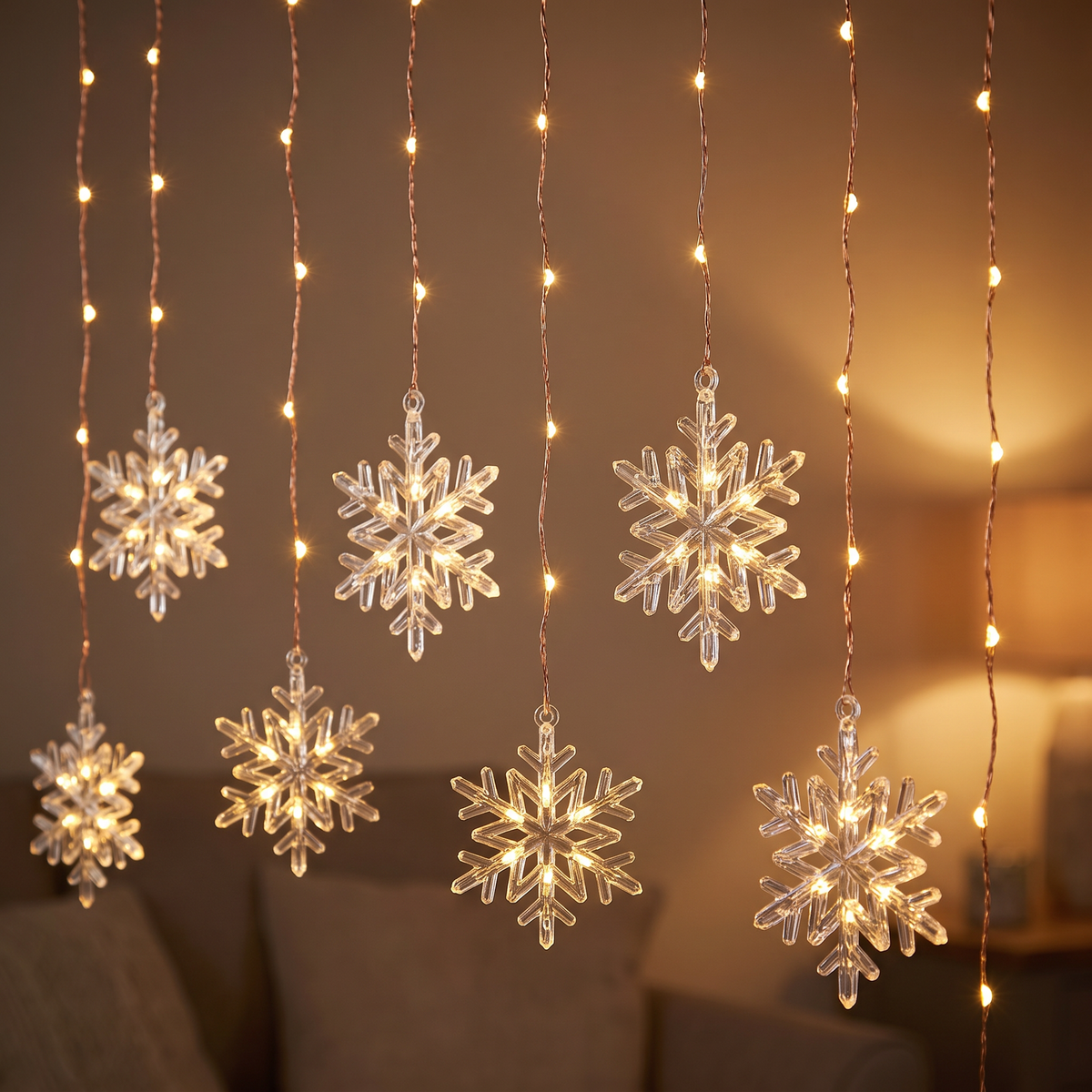 Warm White Snowflake LED Curtain Lights – 1.2m – close-up detail