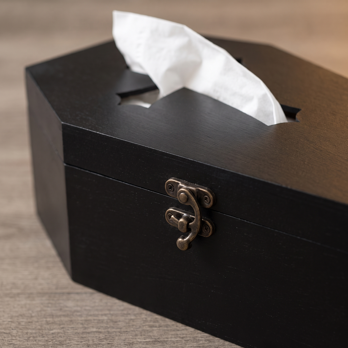 Black Coffin Tissue Box with Gothic Cross Cut-Out – close-up detail