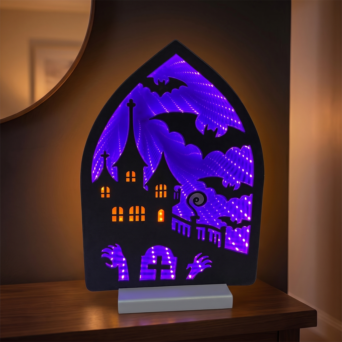 Haunted House with Bats Infinity Light – 30cm Acrylic Halloween Decor – close-up detail