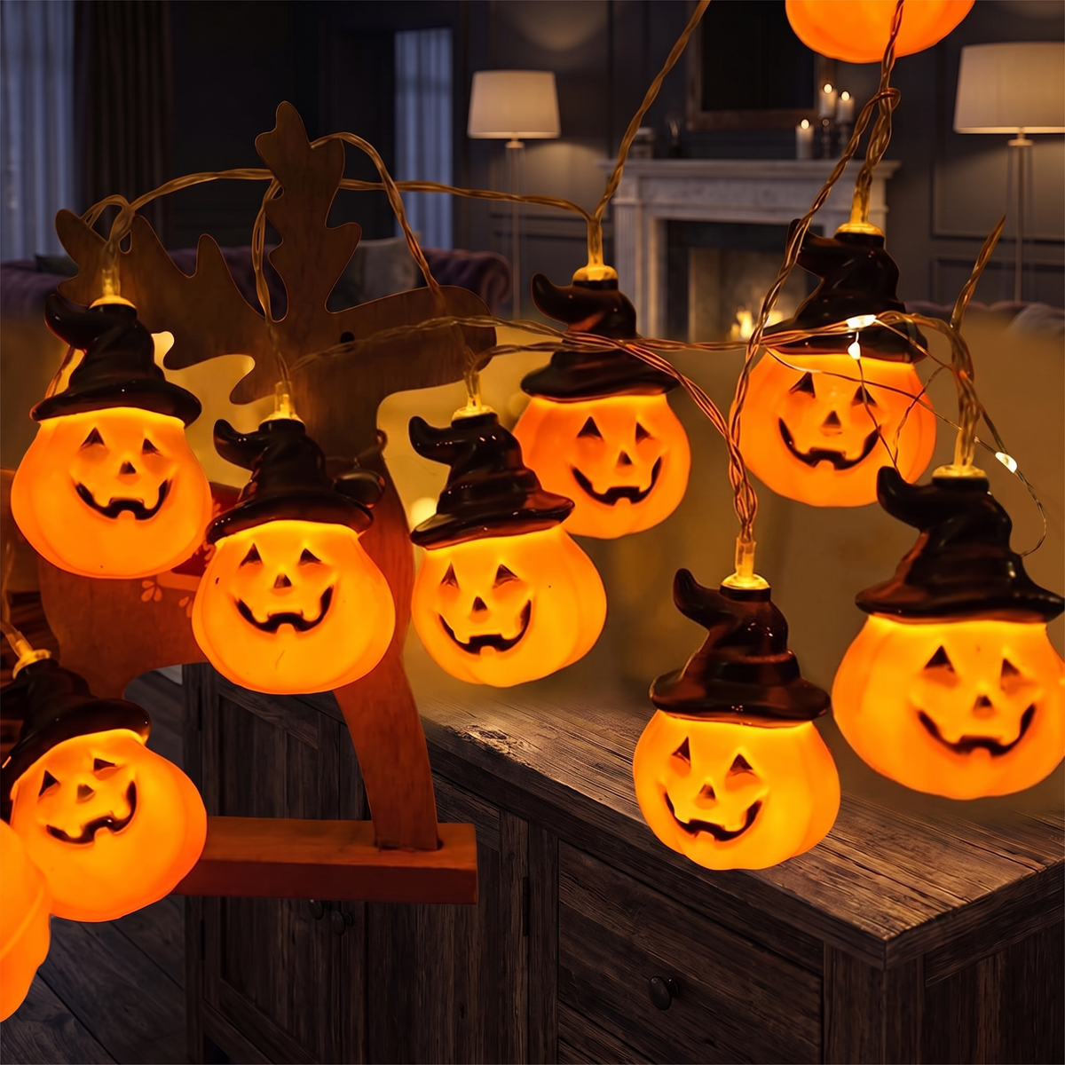 Warm White Pumpkin String Lights – 5m, 20 LED Battery Halloween Lights – close-up detail