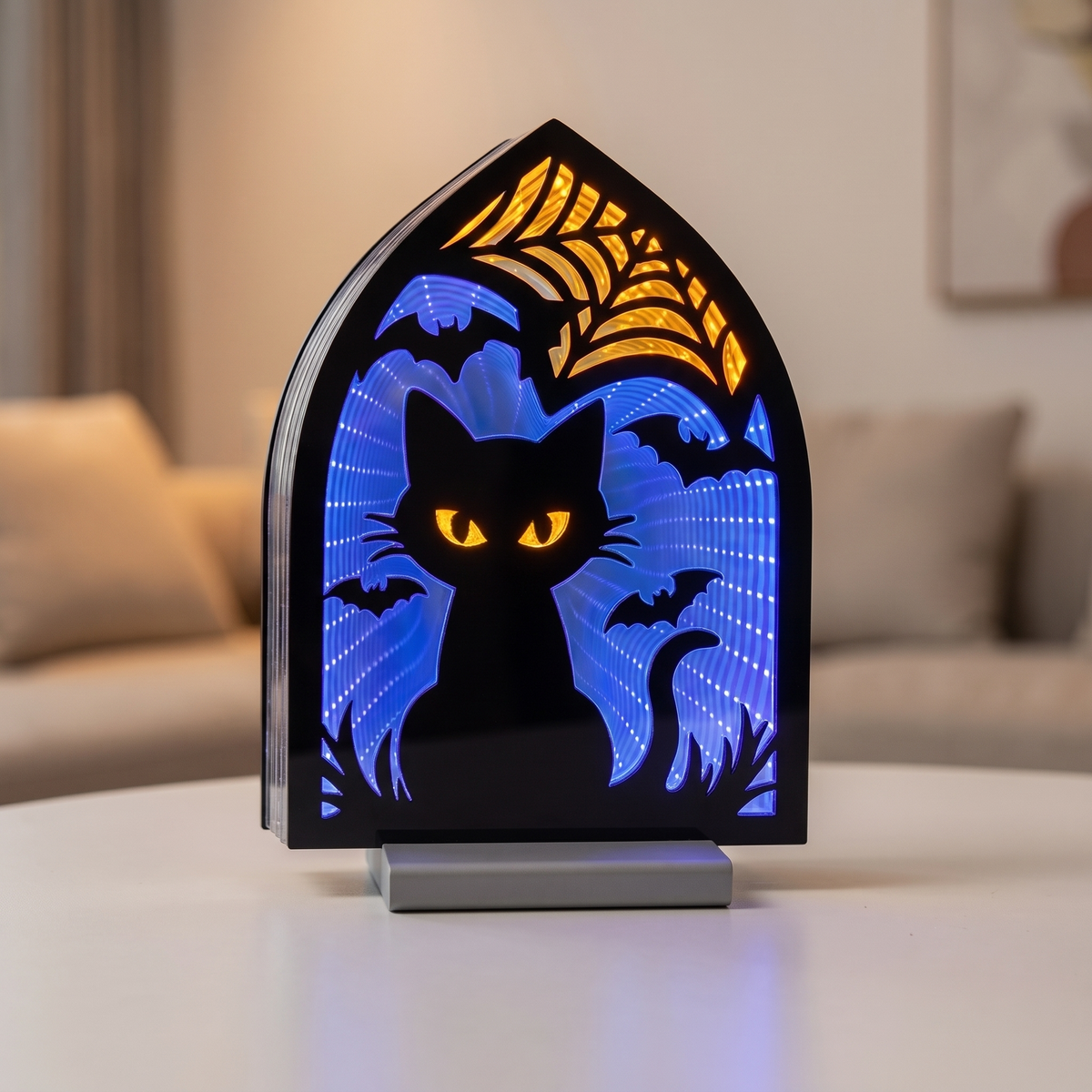 Black Cat & Spider Web Infinity Light – 30cm Acrylic Halloween Decor – close-up detail