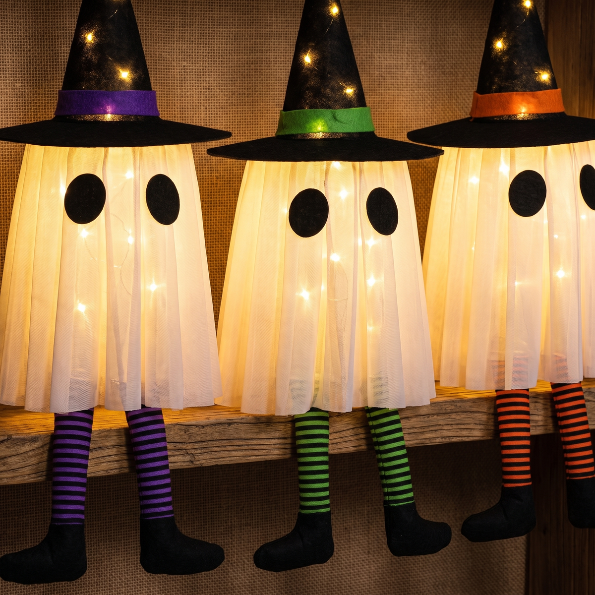 Hanging Witch Hat Ghost Lights – Set of 3 LED Halloween Decor – close-up detail