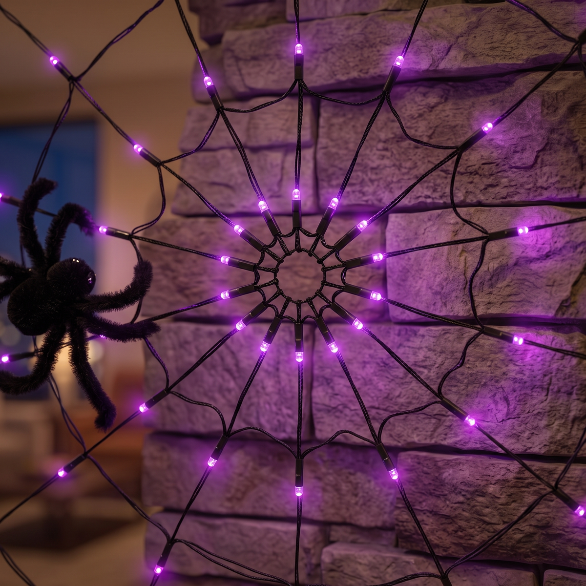 Purple LED Spider Web Light with Spider – 2m, 126 LED Halloween Lights – close-up detail