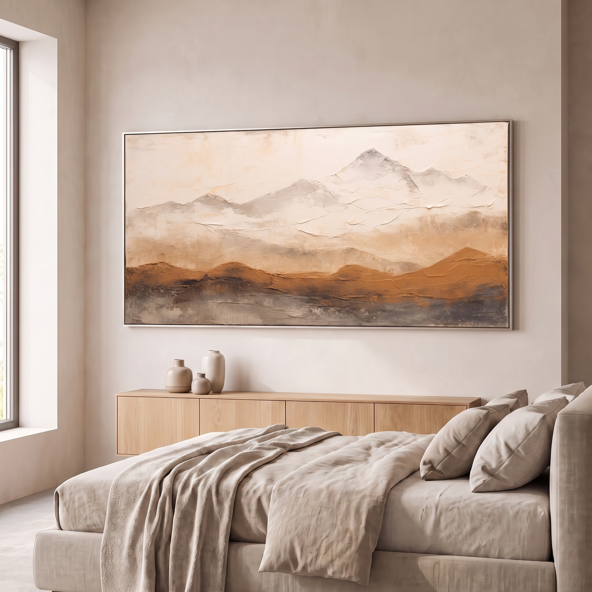 Mountain Ridge Brown & Beige Textured Canvas – Hand-Painted Panoramic Art – shown in a room for scale