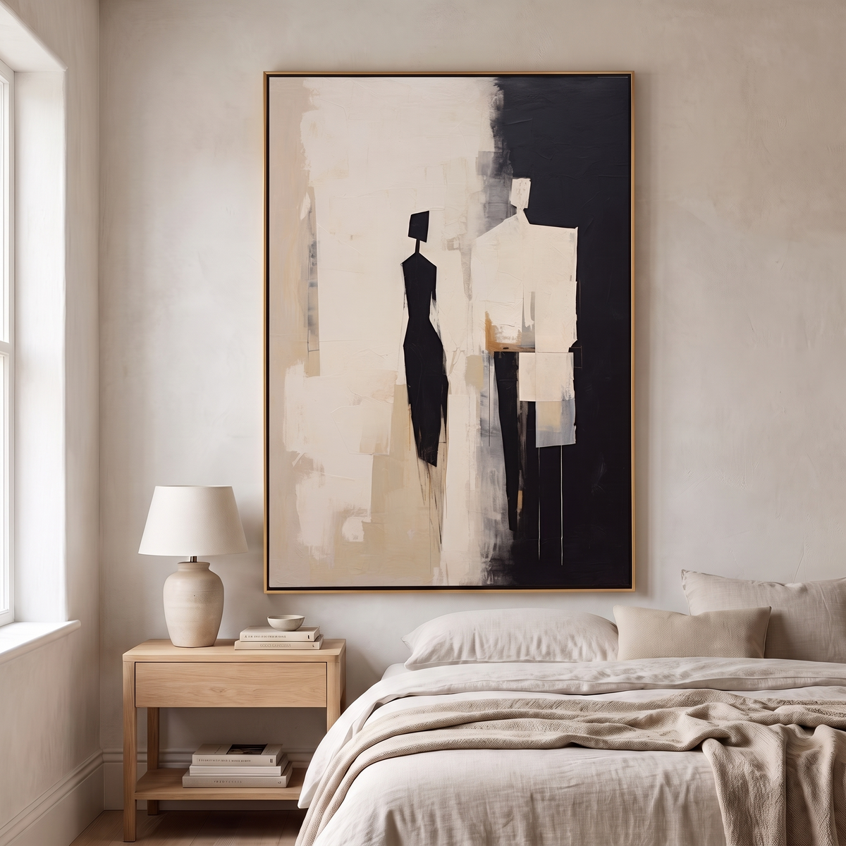 Quiet Figures Beige & Black Minimalist Canvas – Hand-Painted Wall Art – shown in a room for scale