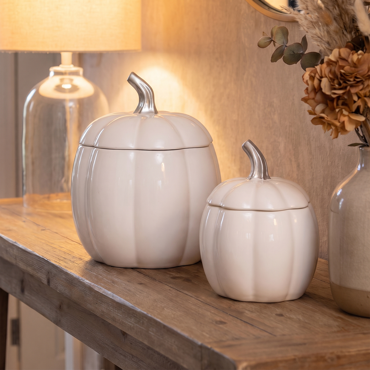 White Ceramic Pumpkin Storage Jars – Bundle – close-up detail