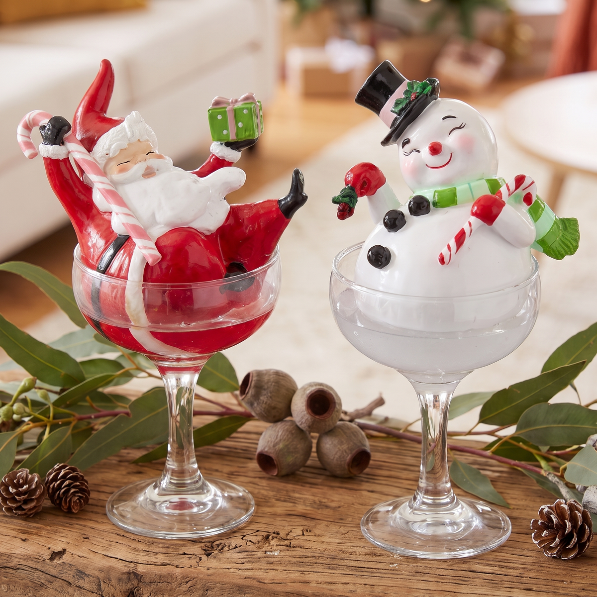 Santa & Snowman in Champagne Glasses Figurines – Set of 2, 19cm – close-up detail