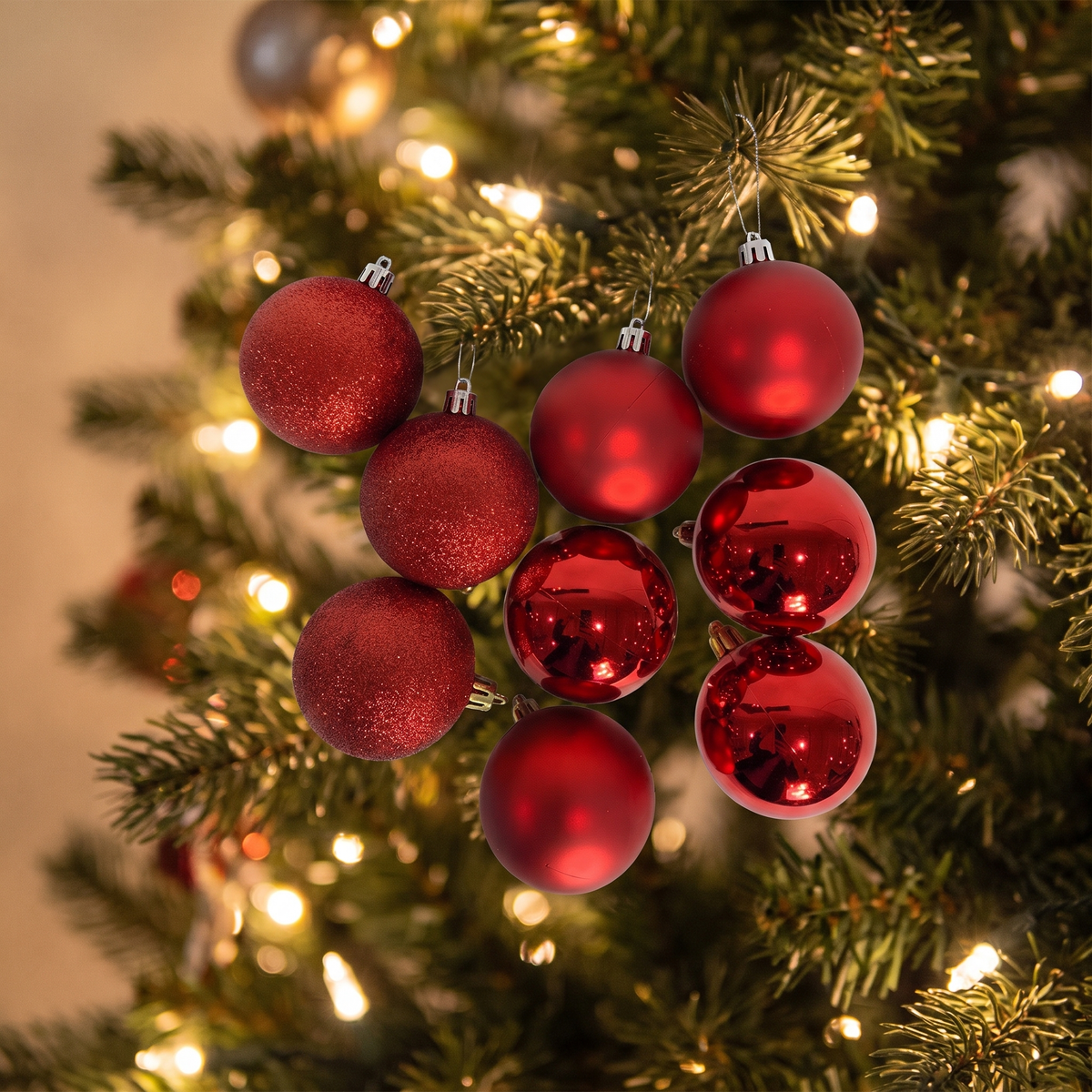 Classic Red Christmas Baubles – 9 Pack, 8cm – close-up detail