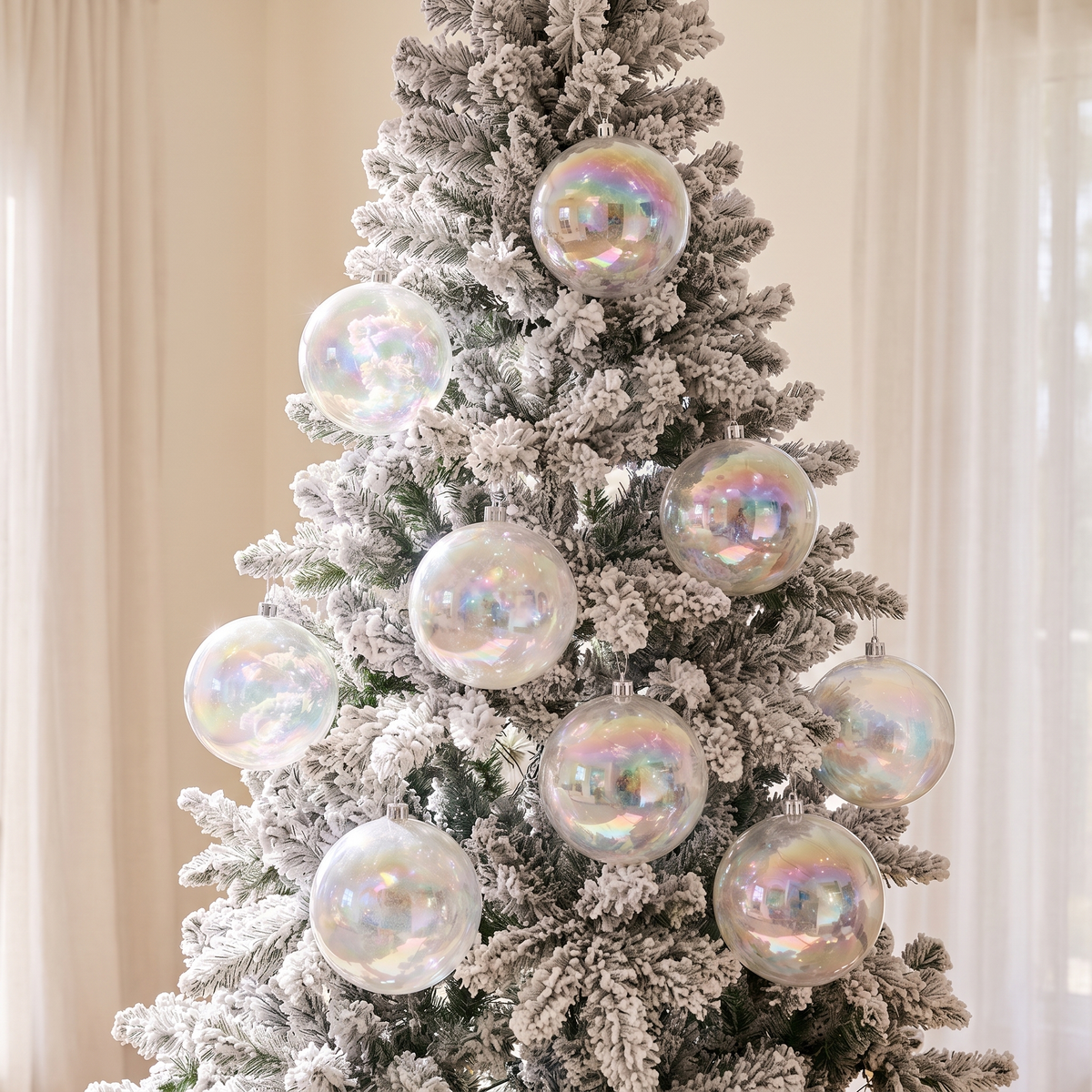 White Iridescent Christmas Baubles – 8 Pack, 12cm – close-up detail