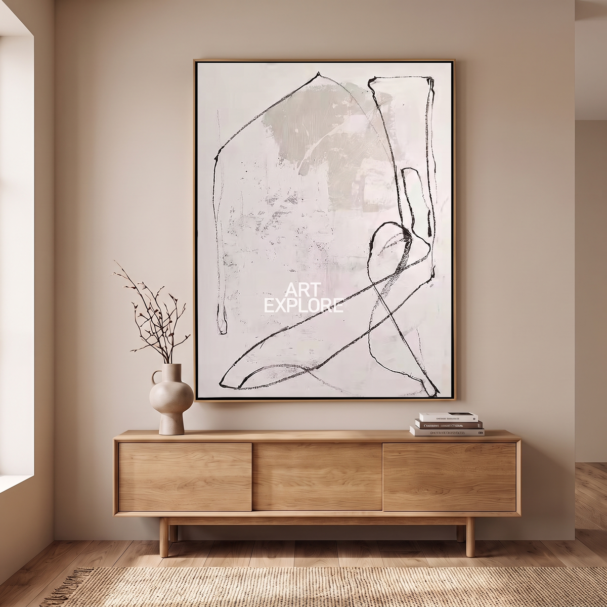 White Line Wabi-Sabi Textured Minimalist Canvas – Hand-Painted Art – shown in a room for scale