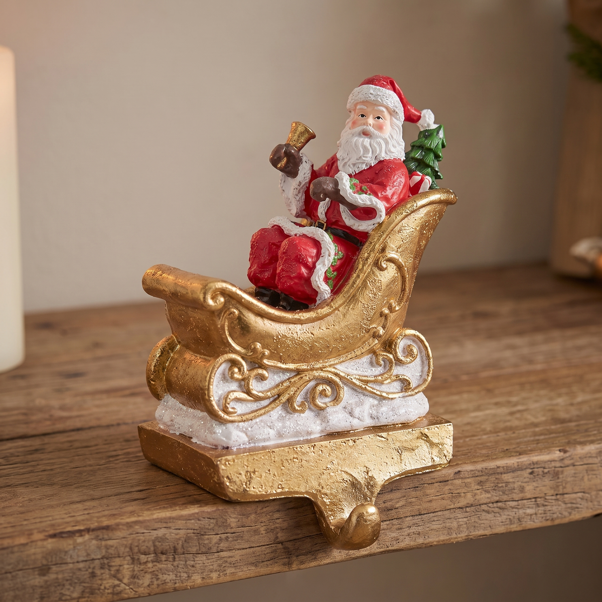 Santa in Sleigh Mantel Stocking Holder – 26cm – close-up detail