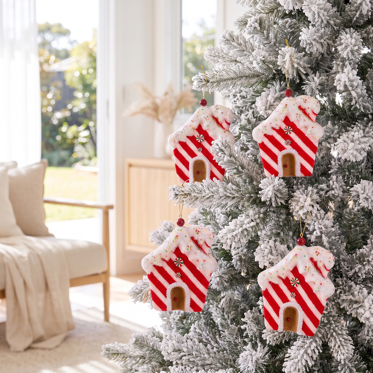 Peppermint Candy Gingerbread House Ornaments – Set of 4, 18cm – close-up detail