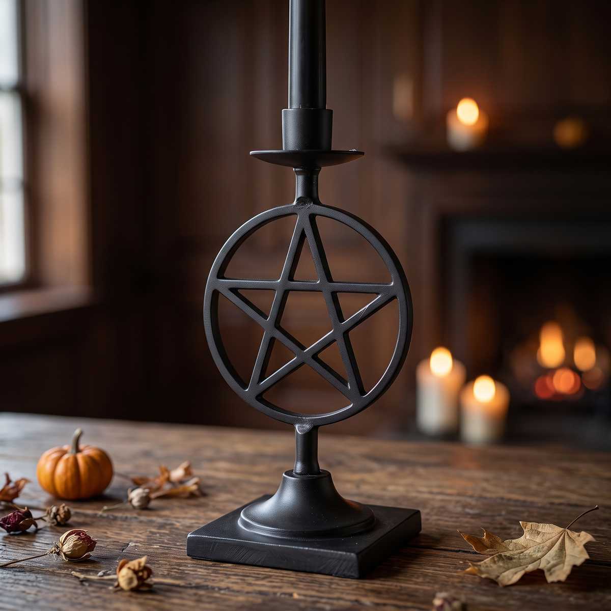 Pentagram Taper Candle Holder – 27cm Gothic Metal Candlestick – close-up detail