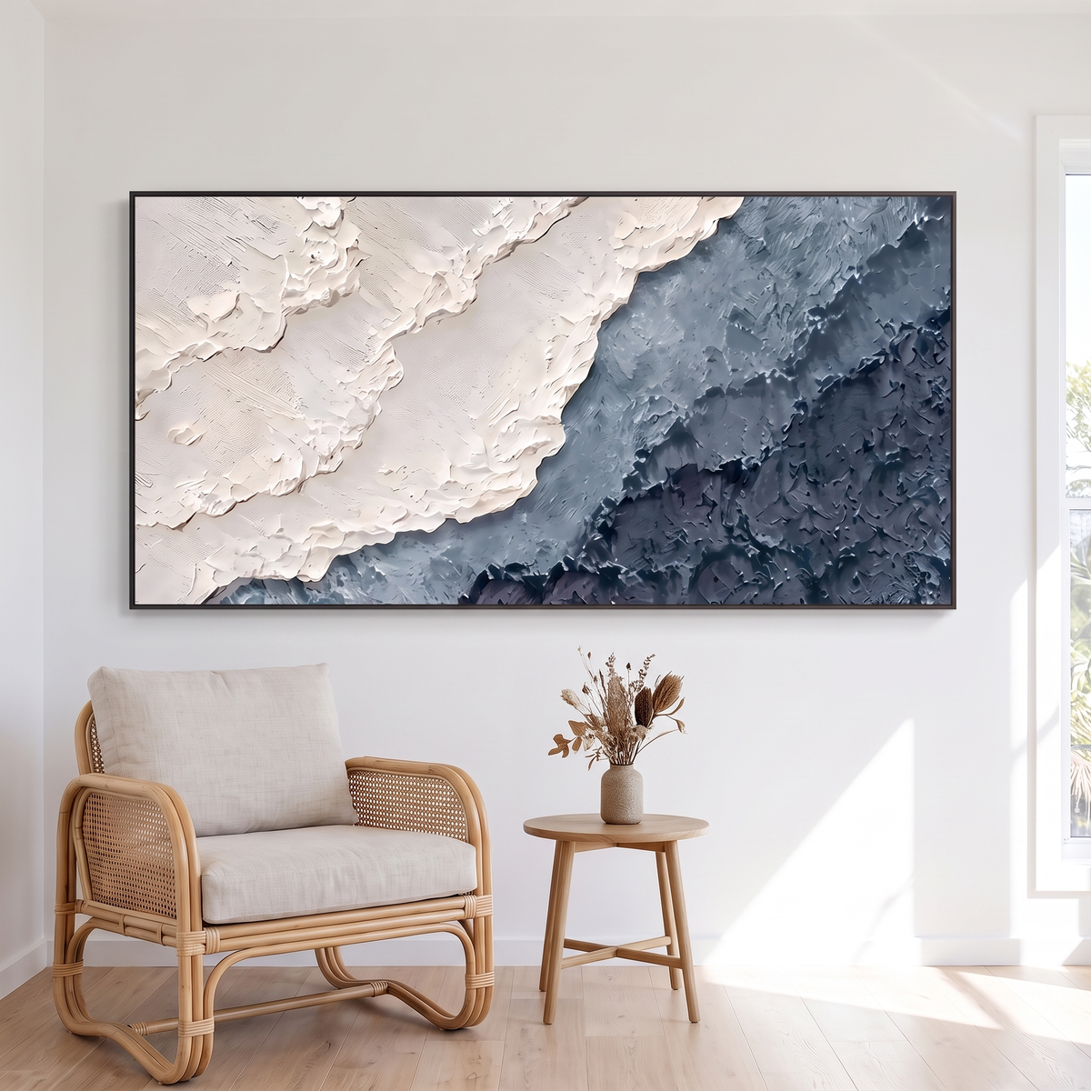 Abyssal Echoes Navy & Cream Textured Seascape Canvas – Hand-Painted – shown in a room for scale