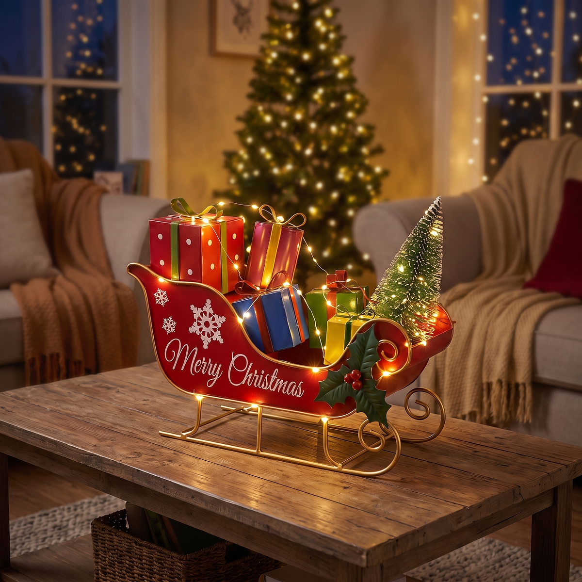 Light-Up Metal Sleigh with Presents – 27cm – close-up detail