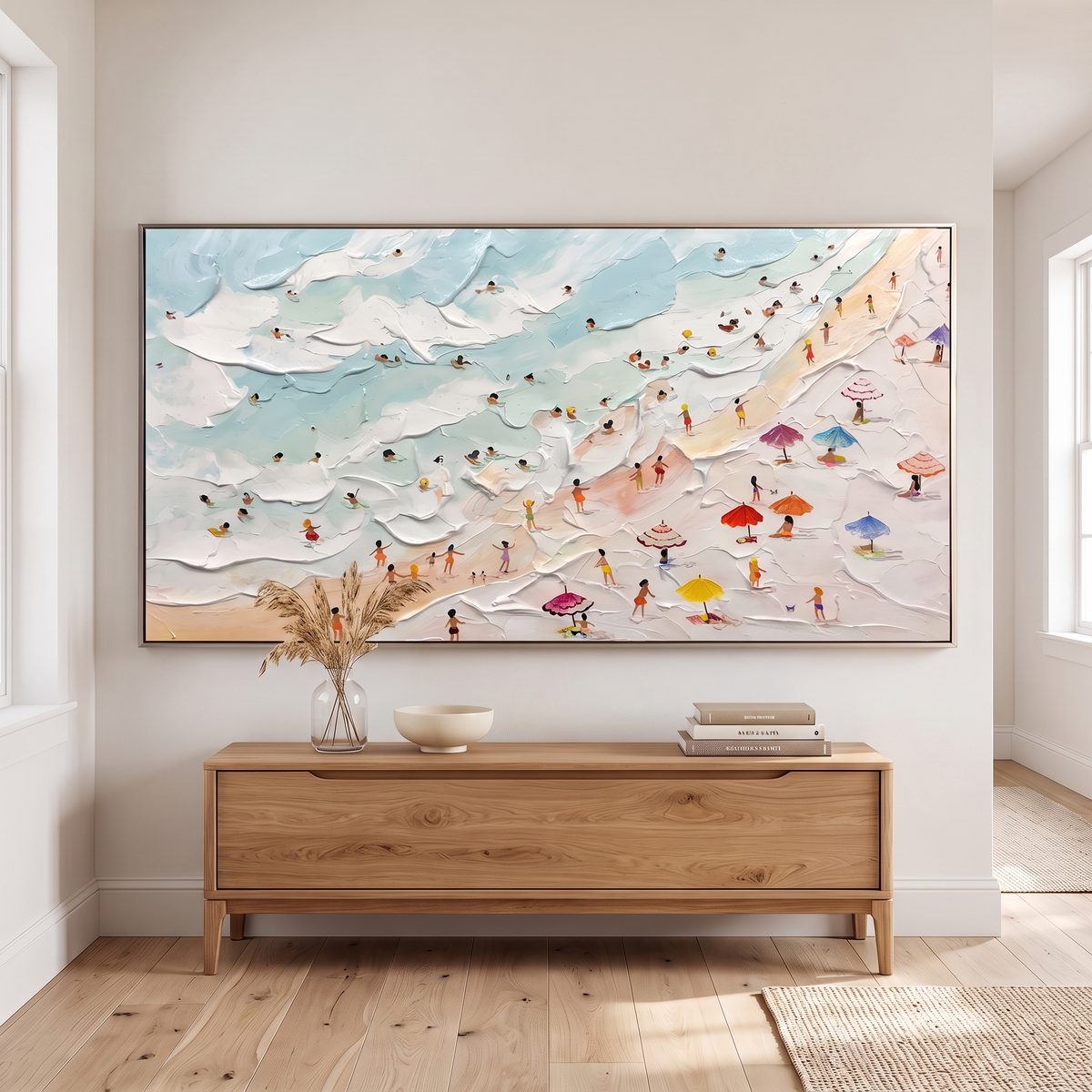 Seaside Holiday Textured Beach Landscape Canvas – Hand-Painted Panoramic – shown in a room for scale
