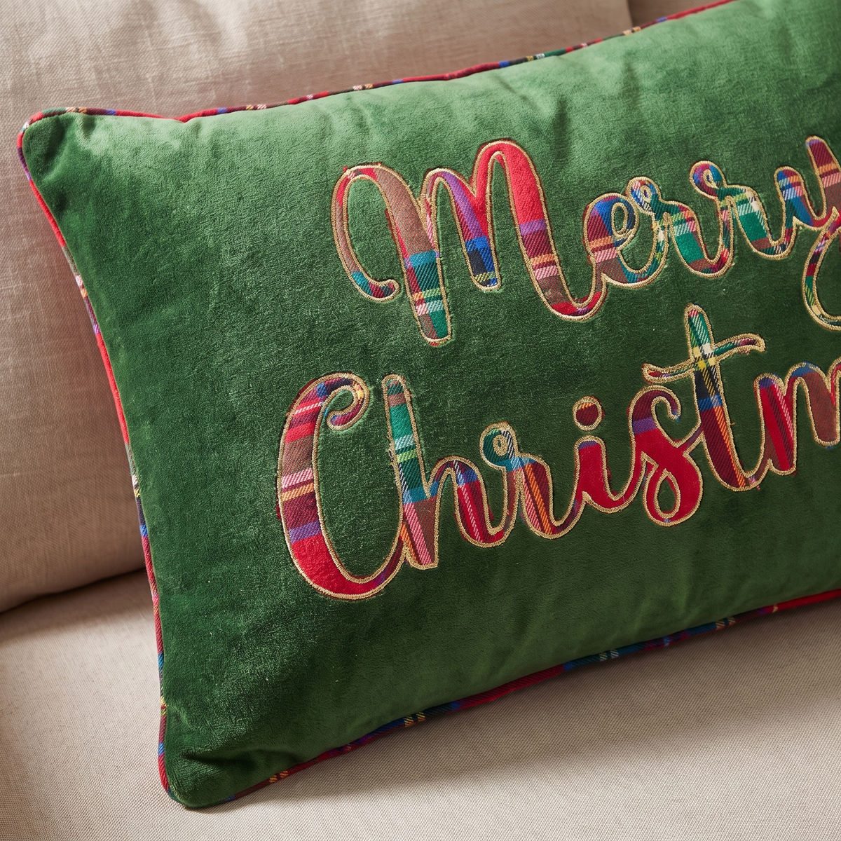 Green Velvet Merry Christmas Tartan Cushion Cover – close-up detail