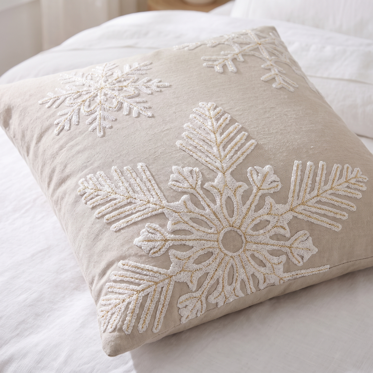 Beige & White Snowflake Christmas Cushion Cover – 50cm – close-up detail