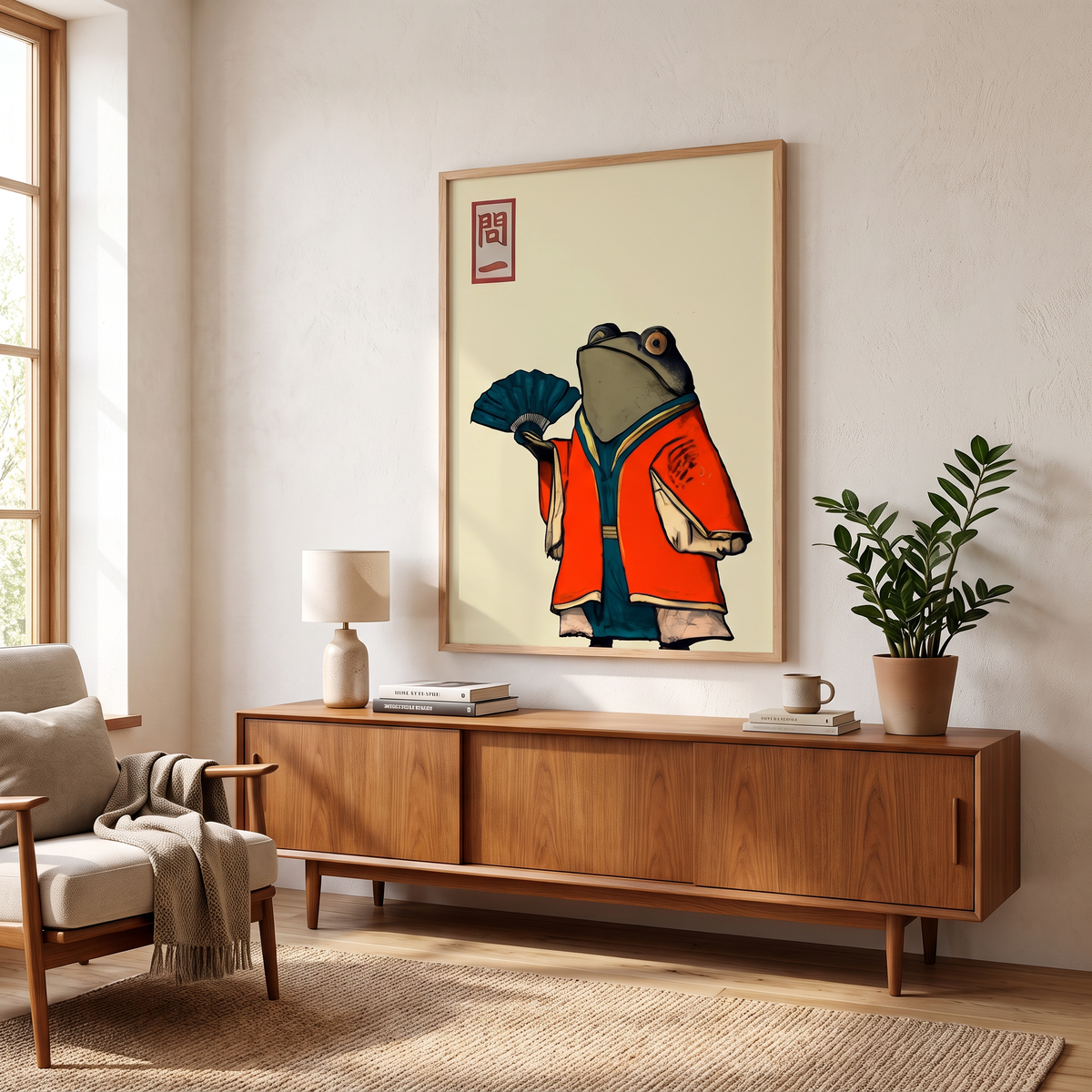 Vintage Japanese Frog with Fan Ukiyo-e Print – Framed Wall Art – shown in a room for scale