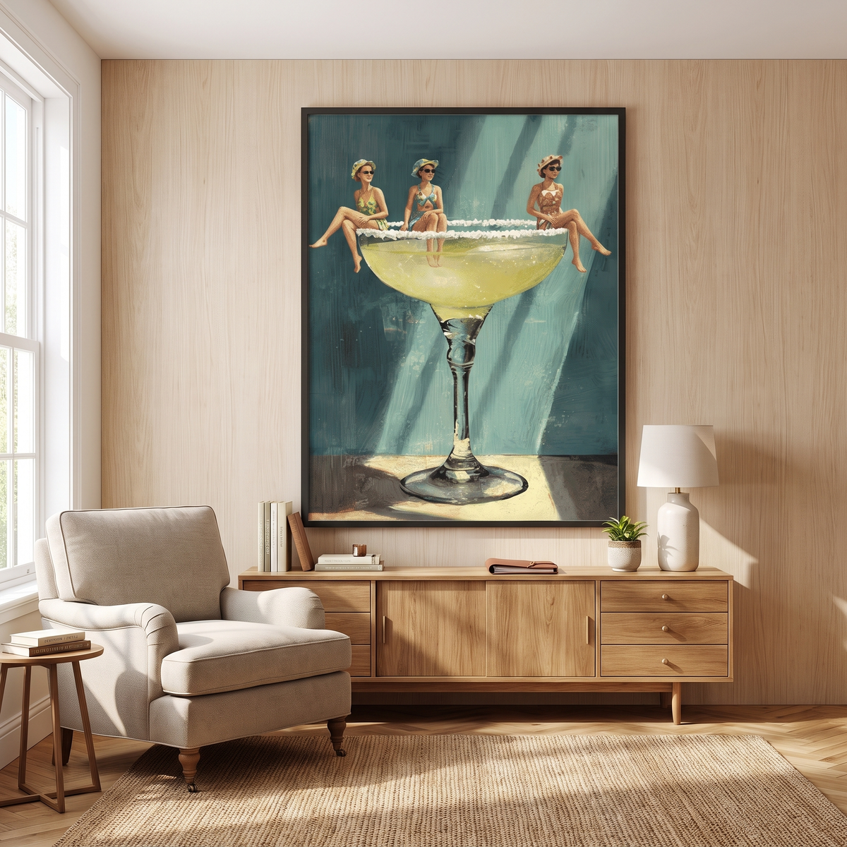 Salt Rim Retro Martini Glass Print – Framed Cocktail Bar Wall Art – shown in a room for scale