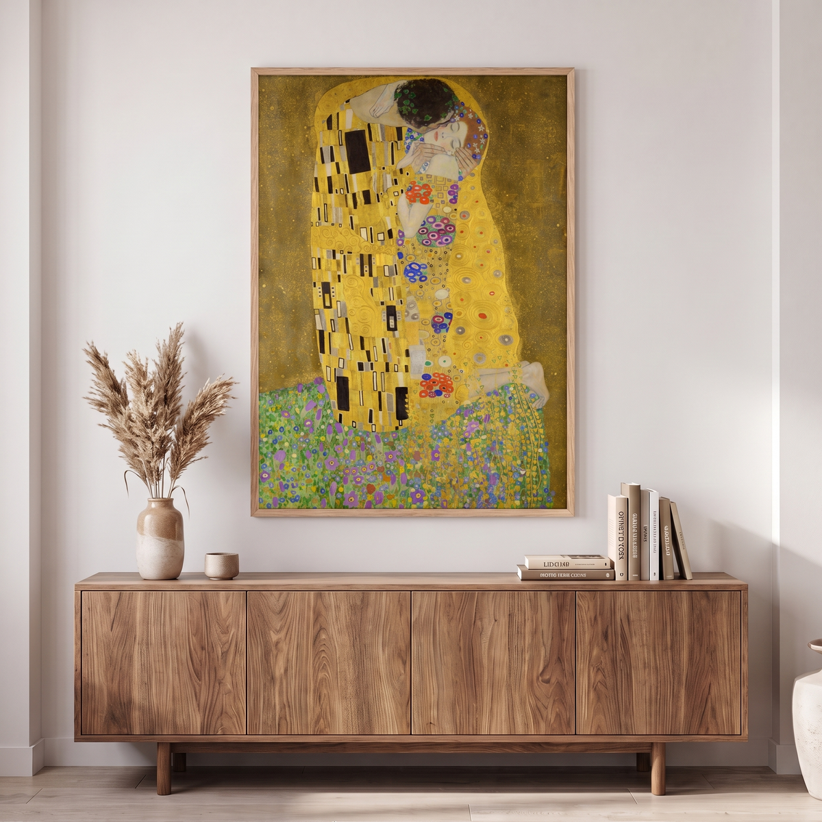 The Kiss by Gustav Klimt – Framed Gold Art Nouveau Art Print – shown in a room for scale
