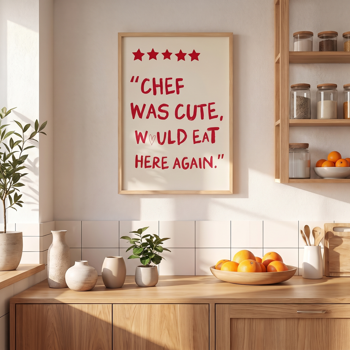 Chef Was Cute Would Eat Here Again Kitchen Print – Framed Wall Art – shown in a room for scale