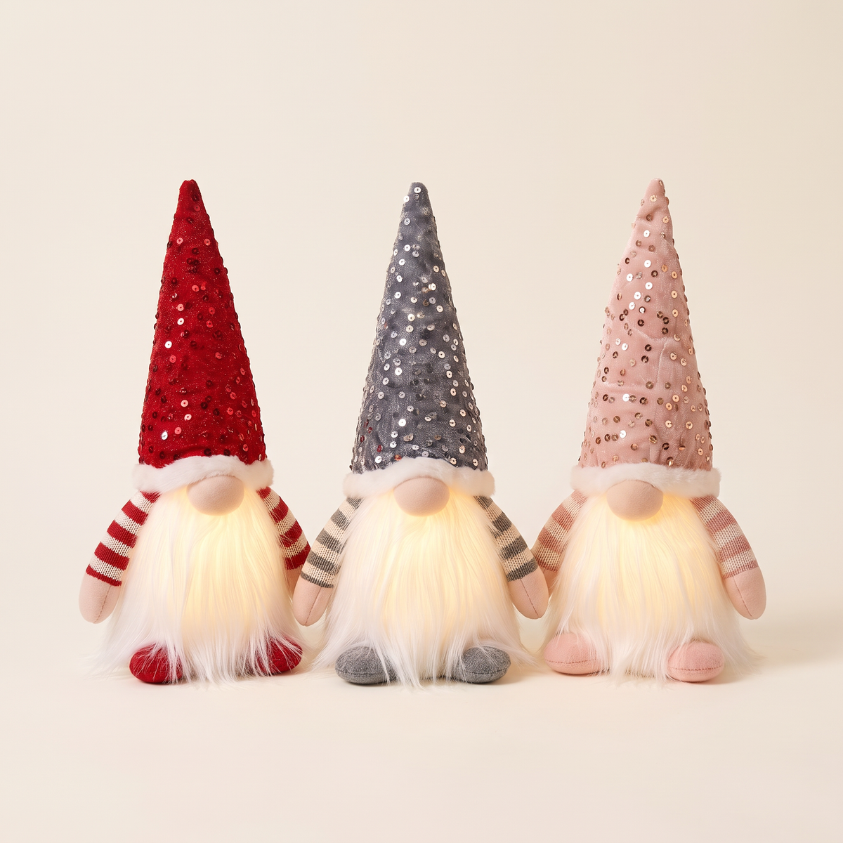 Light-Up Christmas Gnome Decorations – 30cm, Set of 3 – studio view of all three