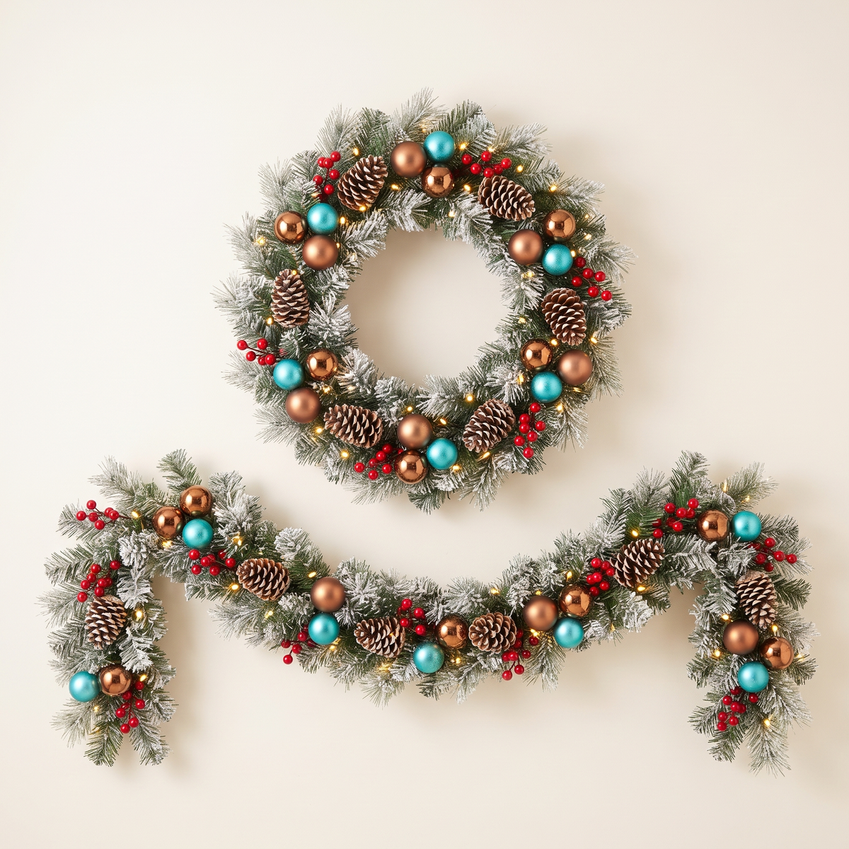 Snow-Flocked Pre-Lit Christmas Wreath & Garland Set – 60cm, 2.7m – studio view