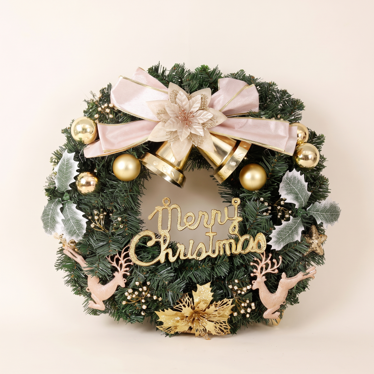Green Decorated Christmas Wreath with Gold Baubles – 60cm – studio view