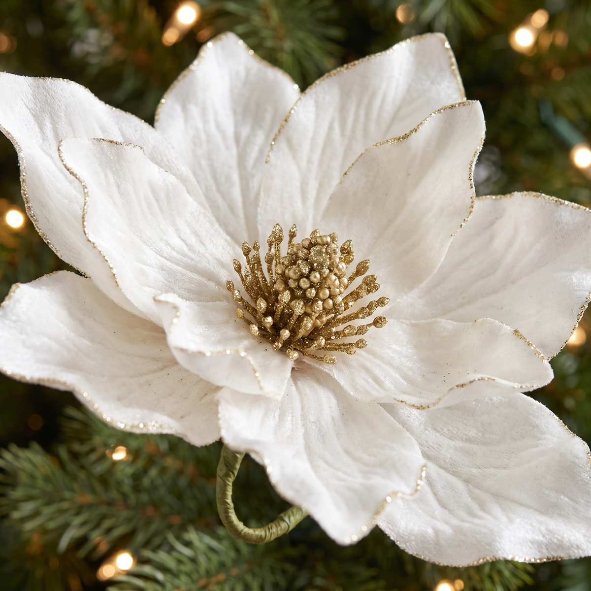White & Gold Magnolia Christmas Tree Flowers – Set of 14, 25cm – close-up of the finish and texture