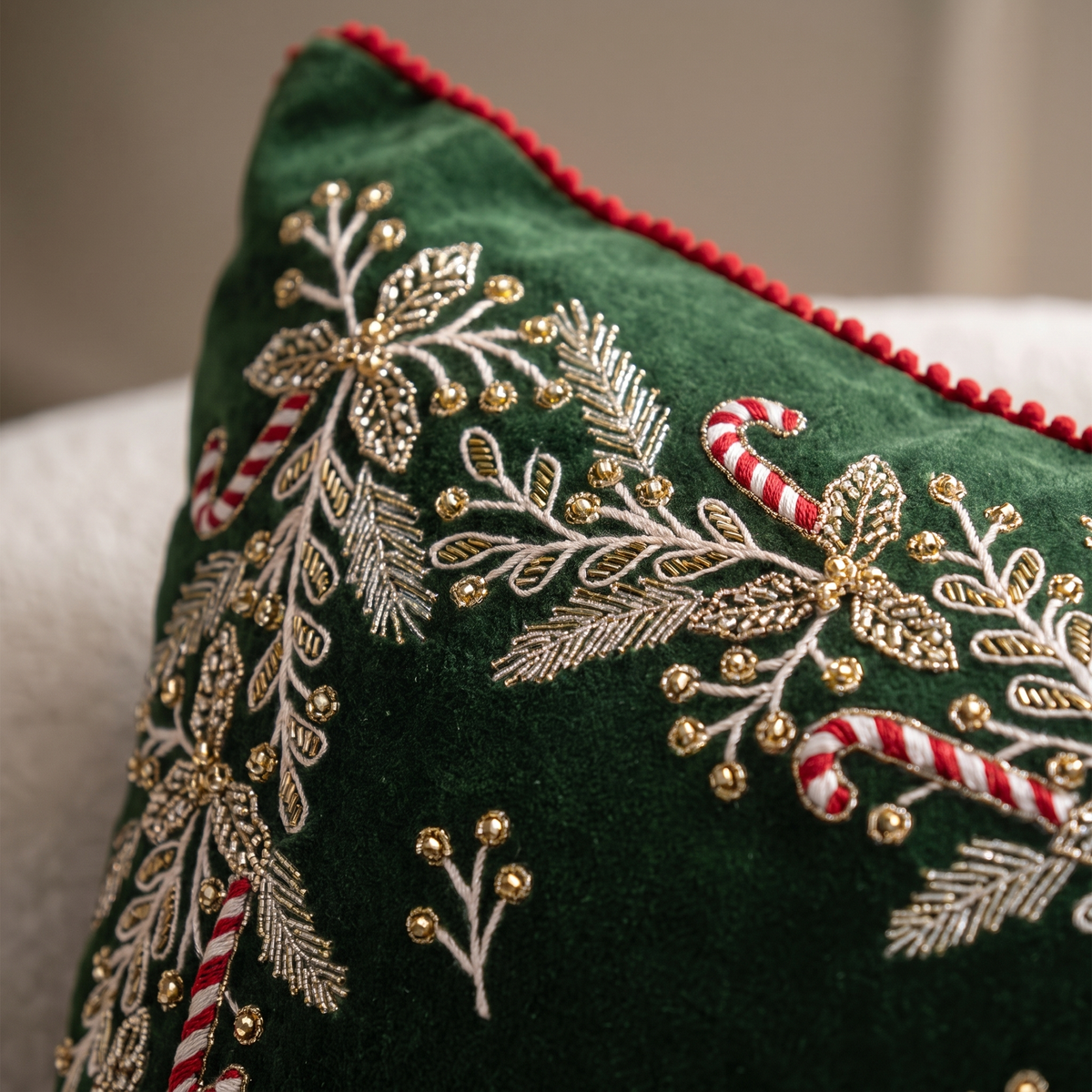 Green Velvet Holly & Candy Cane Christmas Cushion Cover – 50cm – close-up of the embroidery and beading