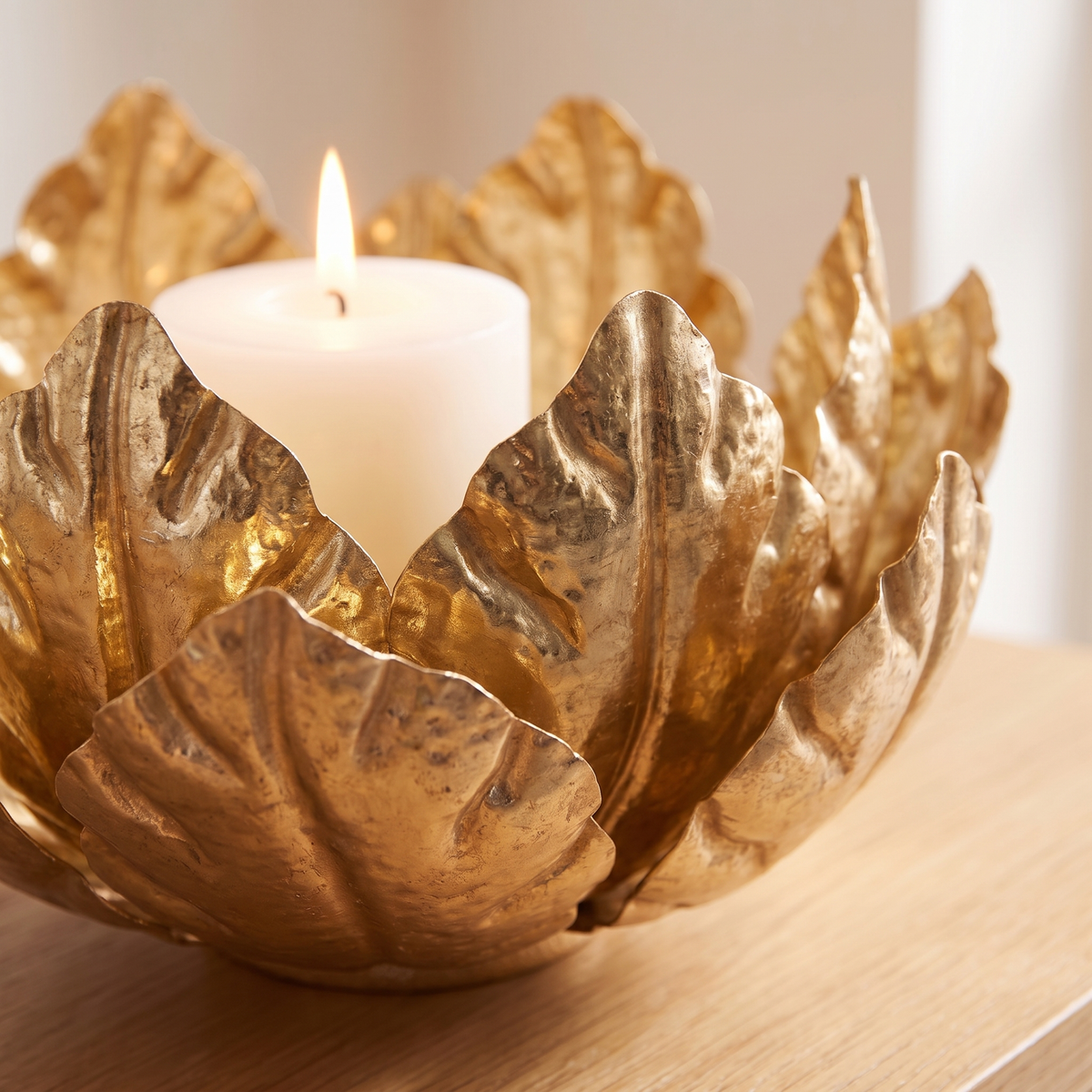 Gold Lotus Metal Pillar Candle Holder – 31cm – close-up of the finish and texture