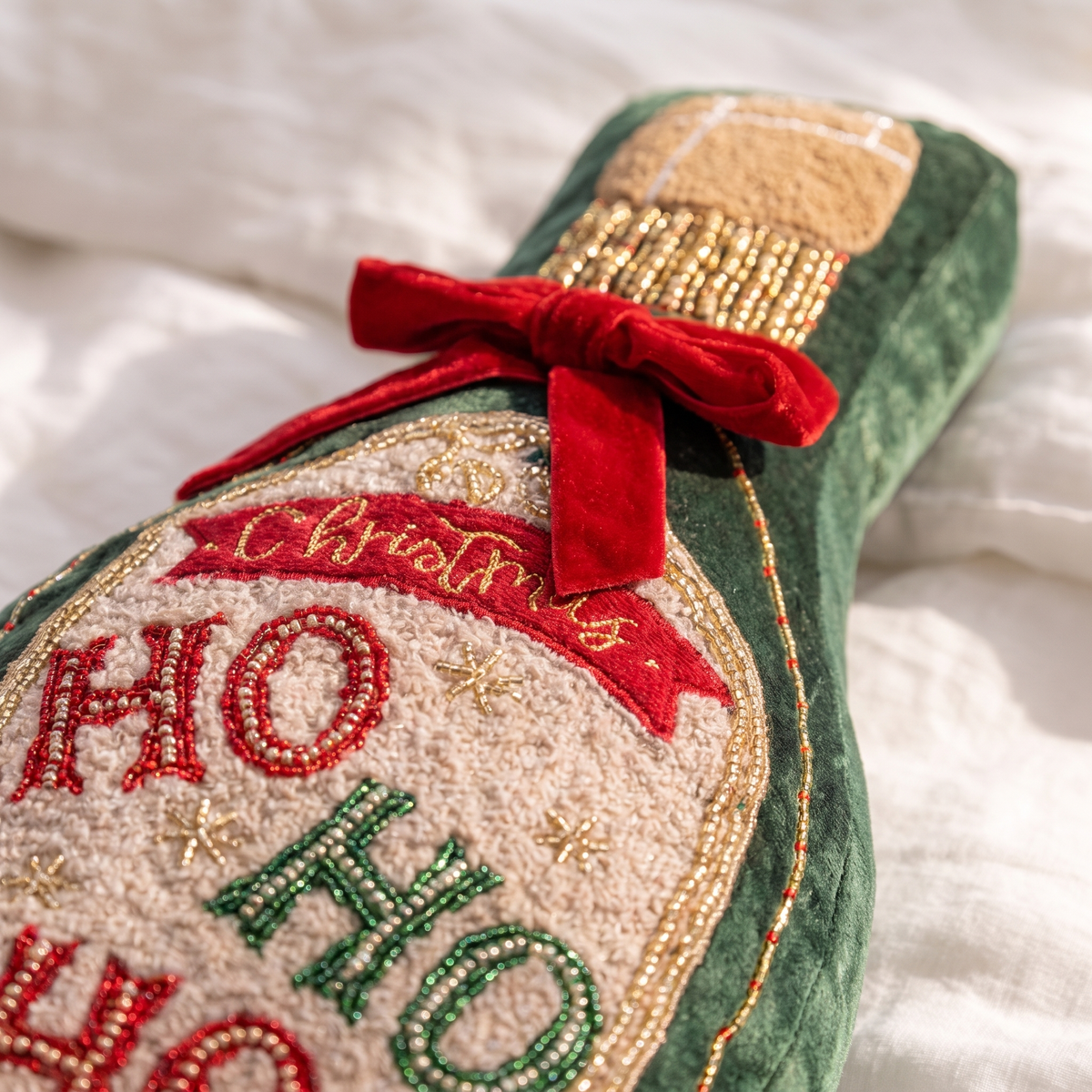 Green Velvet Champagne Bottle Christmas Cushion – 45cm, Beaded – close-up of the beading and velvet