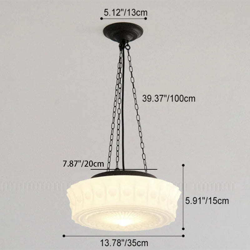 Vintage French Frosted Glass Drum Ceiling Light