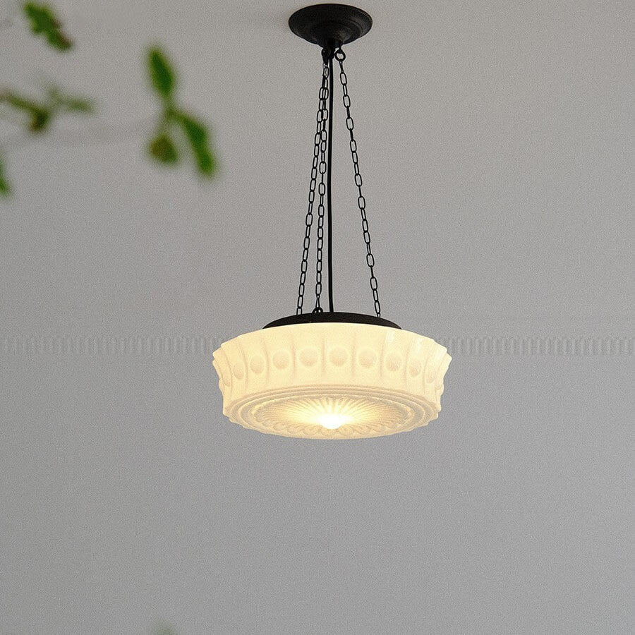 Vintage French Frosted Glass Drum Ceiling Light