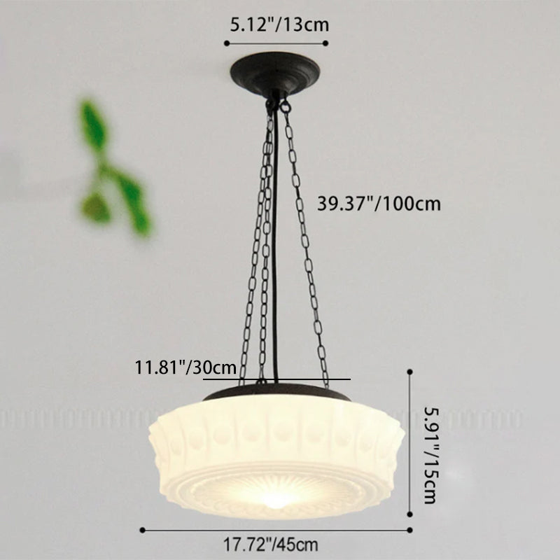 Vintage French Frosted Glass Drum Ceiling Light