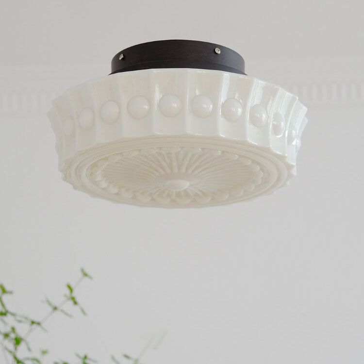 Vintage French Frosted Glass Drum Ceiling Light