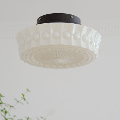 Vintage French Frosted Glass Drum Ceiling Light