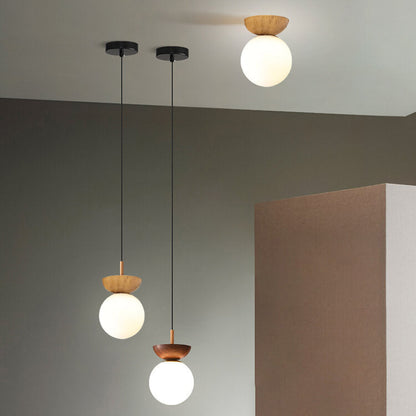 Modern Wood Glass Globe Ceiling Light
