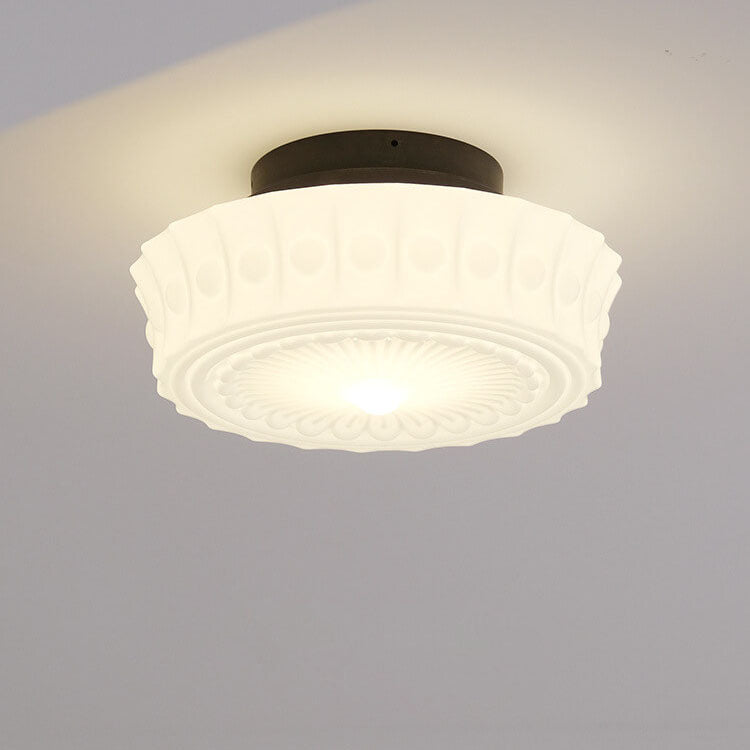 Vintage French Frosted Glass Drum Ceiling Light