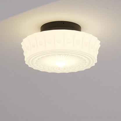 Vintage French Frosted Glass Drum Ceiling Light