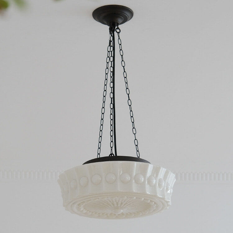 Vintage French Frosted Glass Drum Ceiling Light