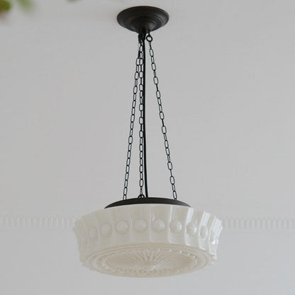 Vintage French Frosted Glass Drum Ceiling Light