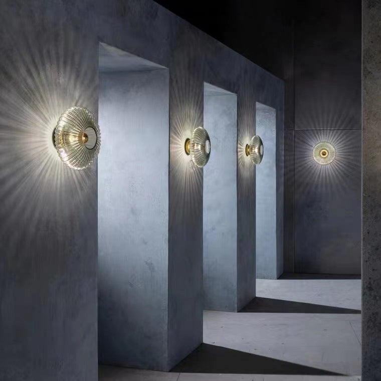 Vintage Ribbed Glass Disc Wall Light