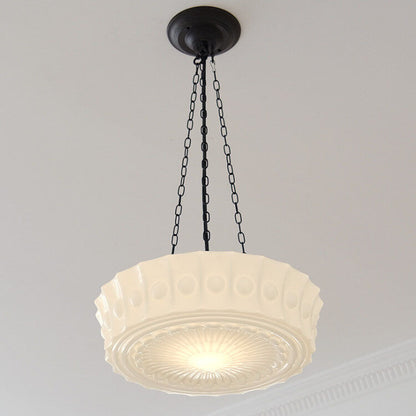 Vintage French Frosted Glass Drum Ceiling Light