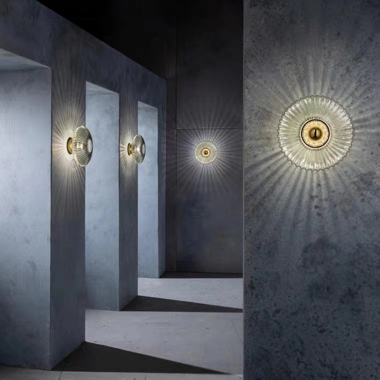Vintage Ribbed Glass Disc Wall Light