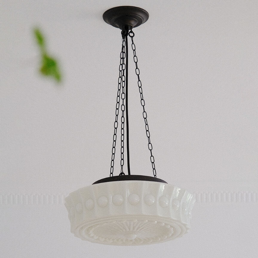 Vintage French Frosted Glass Drum Ceiling Light