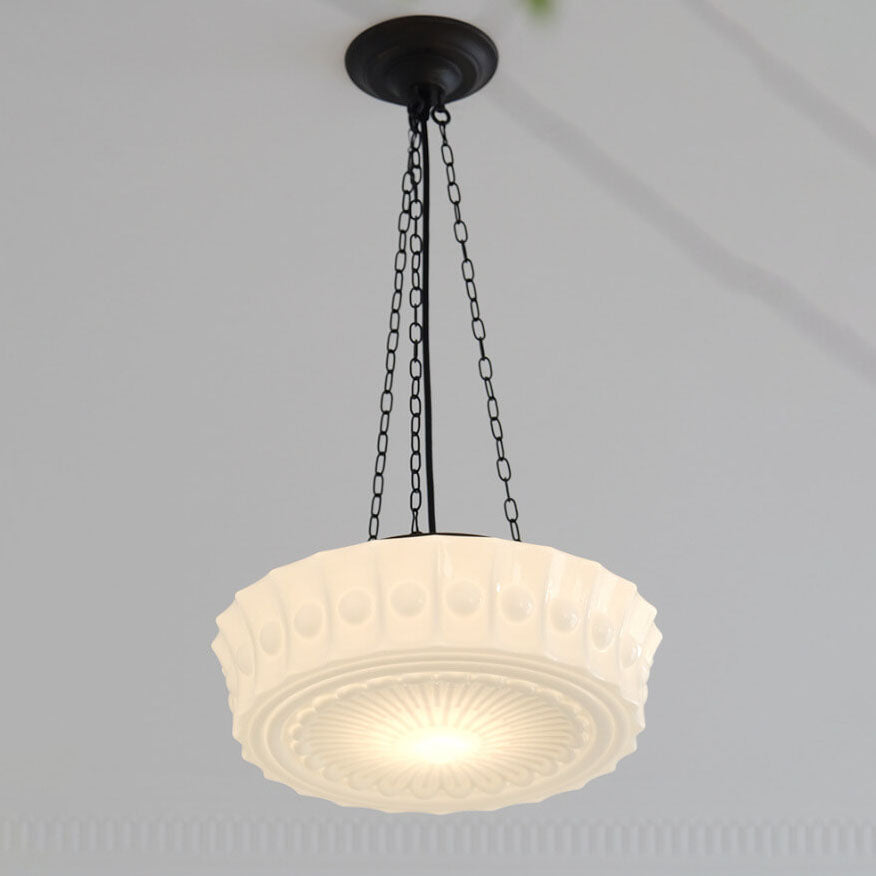 Vintage French Frosted Glass Drum Ceiling Light